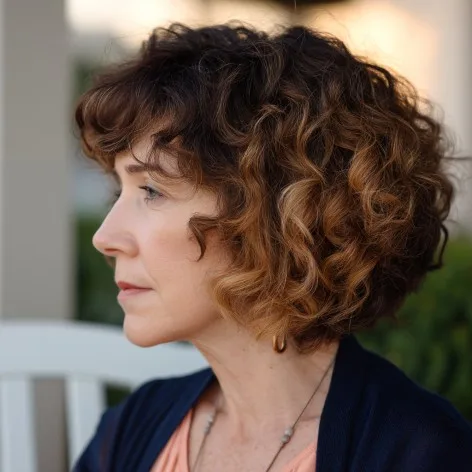 Charming Curly Angled Bob with Warm Highlights