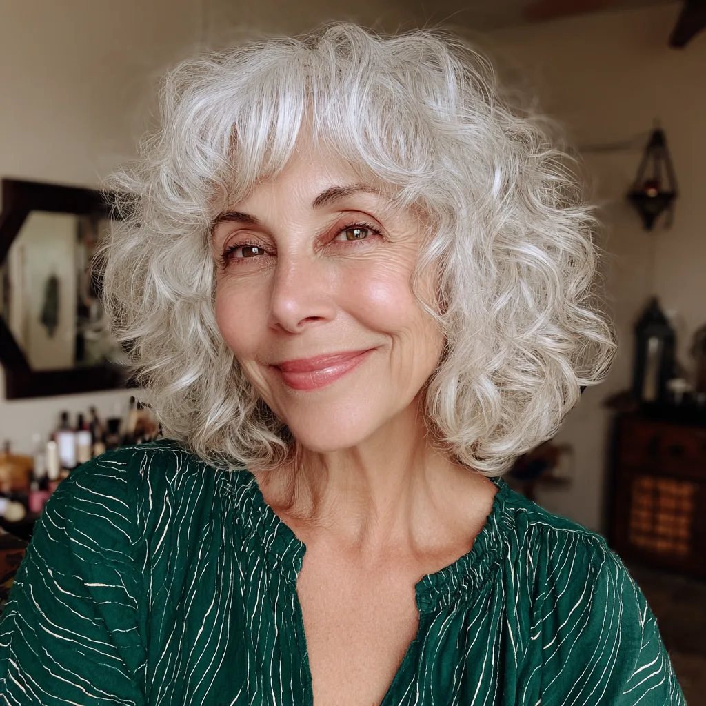 Charming Curly Shaggy Bob with Bangs
