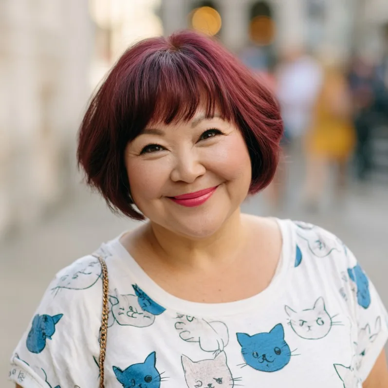 Charming Rounded Bob with Vibrant Burgundy Color