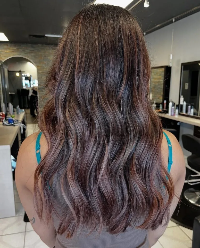 Cherry Mocha Mid-Back Waves with Subtle Root Shadow