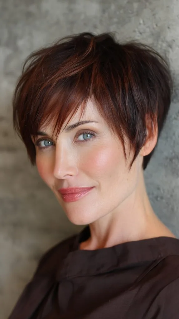Cherry Mocha Short Pixie with Micro-Layers and Soft Fringe