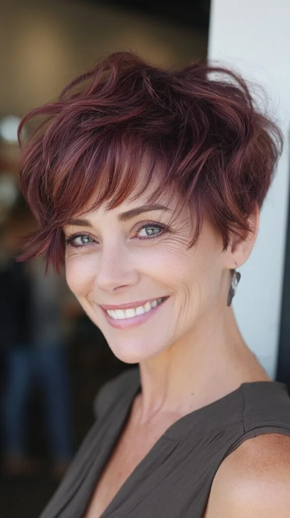 Cherry Mocha Short Shag with Side-Swept Fringe