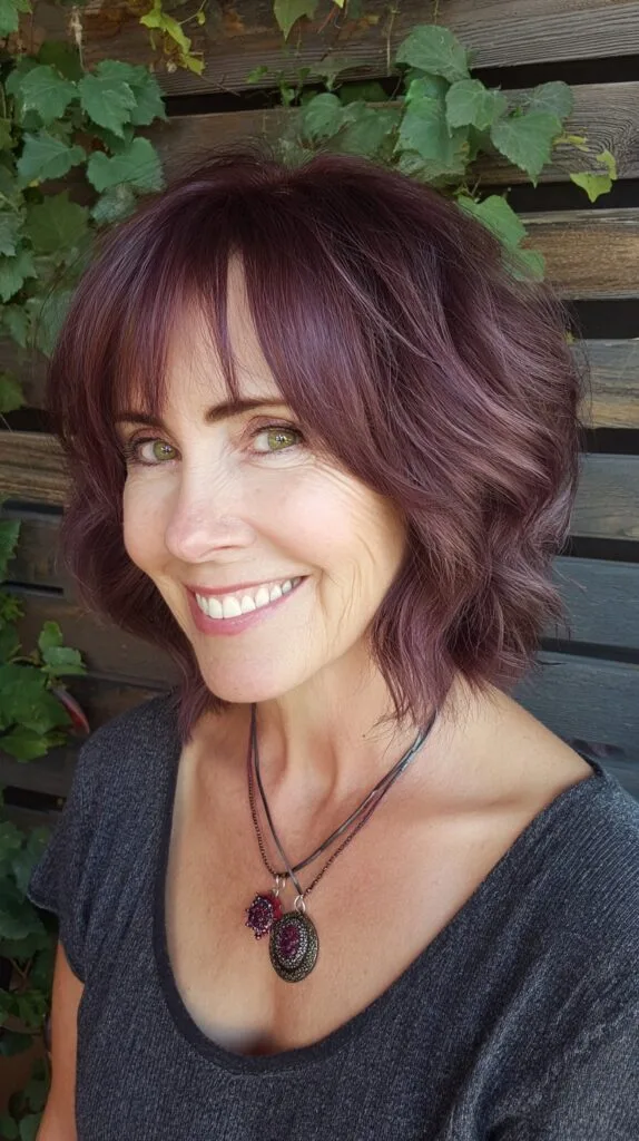 Cherry Mocha Tousled Collarbone-Length Shag with Wispy Curtain Bangs