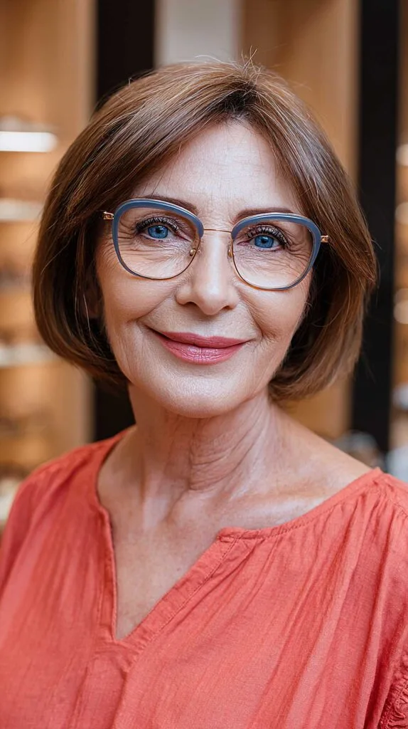 Chestnut Brown Chin-Length Bob with Blue Cat-Eye Glasses