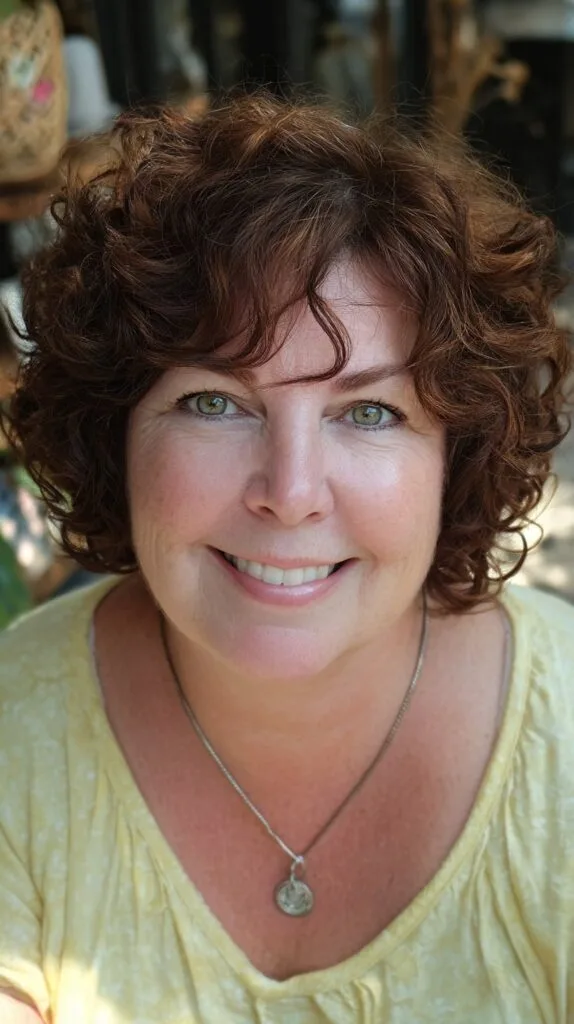 Chestnut Curly Chin-Length Crop with Face-Framing Tendril
