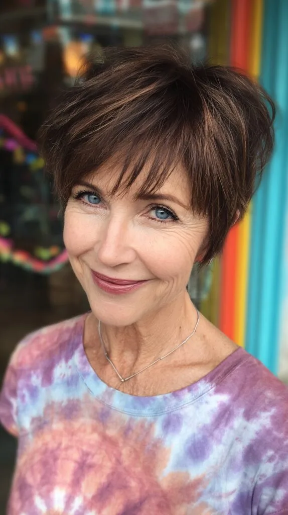 Chestnut Layered Long Pixie with Feathered Micro Fringe and Crown Lift