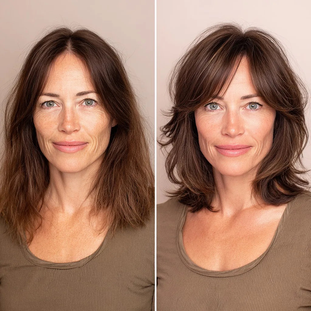 Chestnut Shoulder-Grazing Layers with Soft Center-Parted Bangs