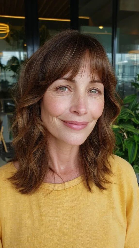 Chestnut Shoulder-Grazing Shag with Wispy Baby Bangs and Subtle Babylights