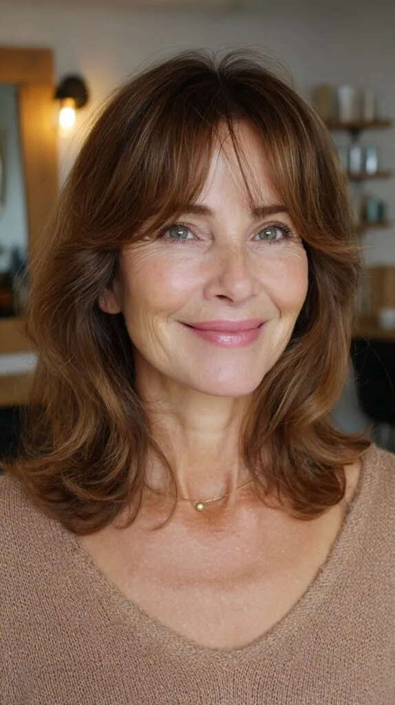 Chestnut Shoulder-Length Layers with Soft Curtain Fringe and Root-Smudge