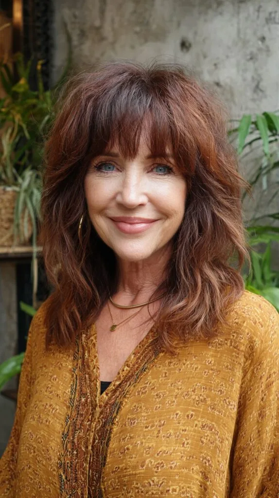 Chestnut Shoulder-Length Shag with Wispy Center Fringe