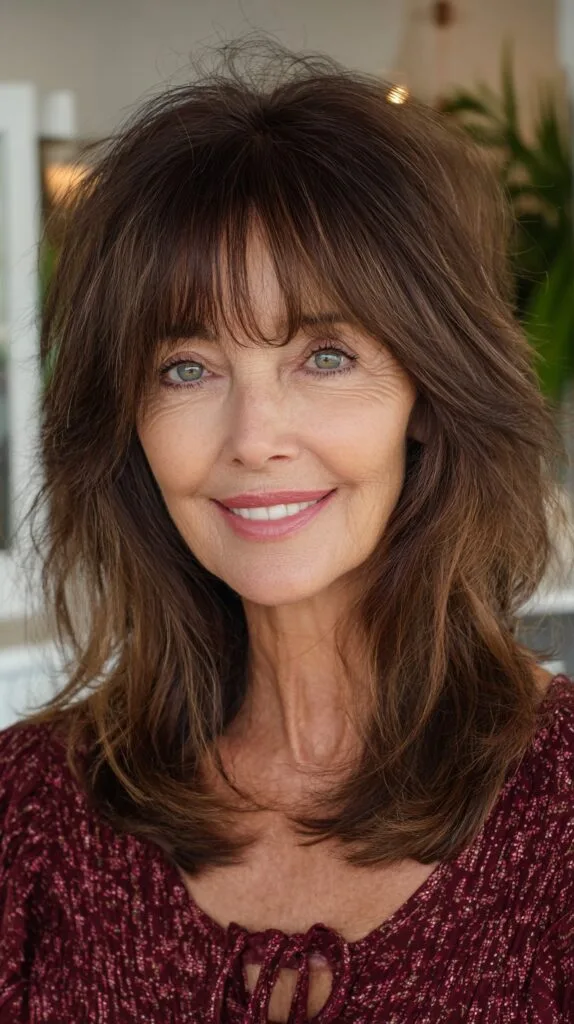 Chestnut Shoulder Shag with Airy Fringe and Soft Crown Lift