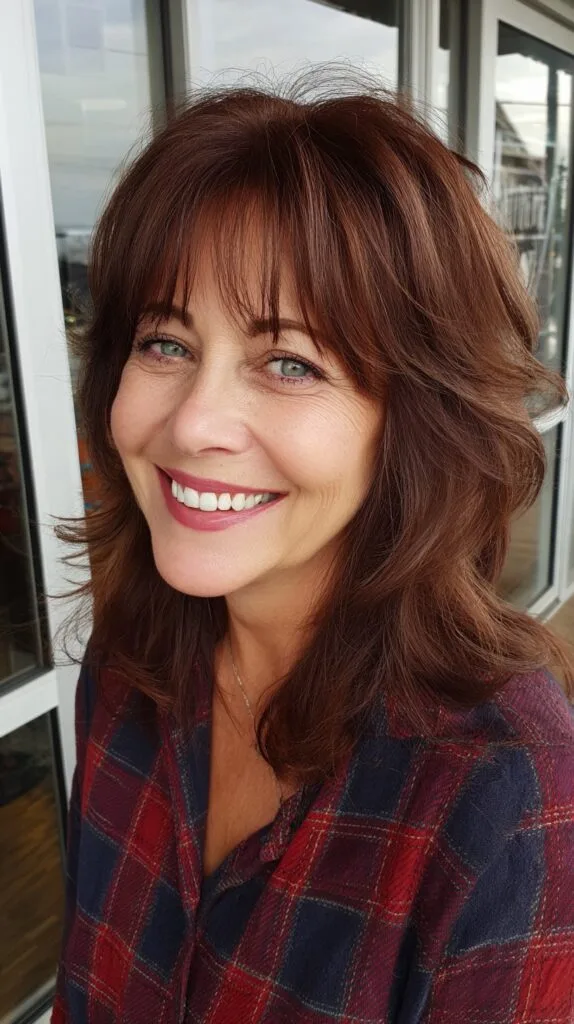 Chestnut Shoulder-Shag with Wispy See-Through Fringe and Crown Lift