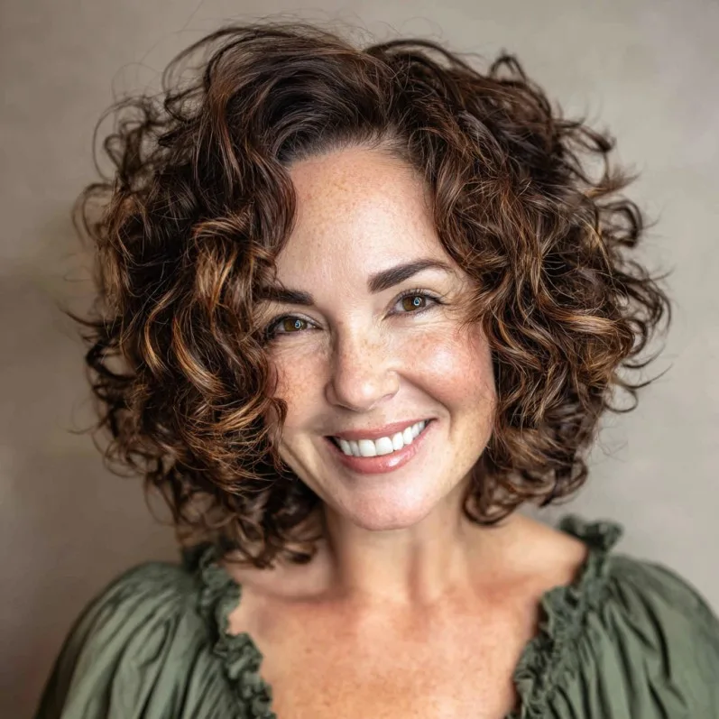 Chic Bouncy Curly Lob with Subtle Highlights