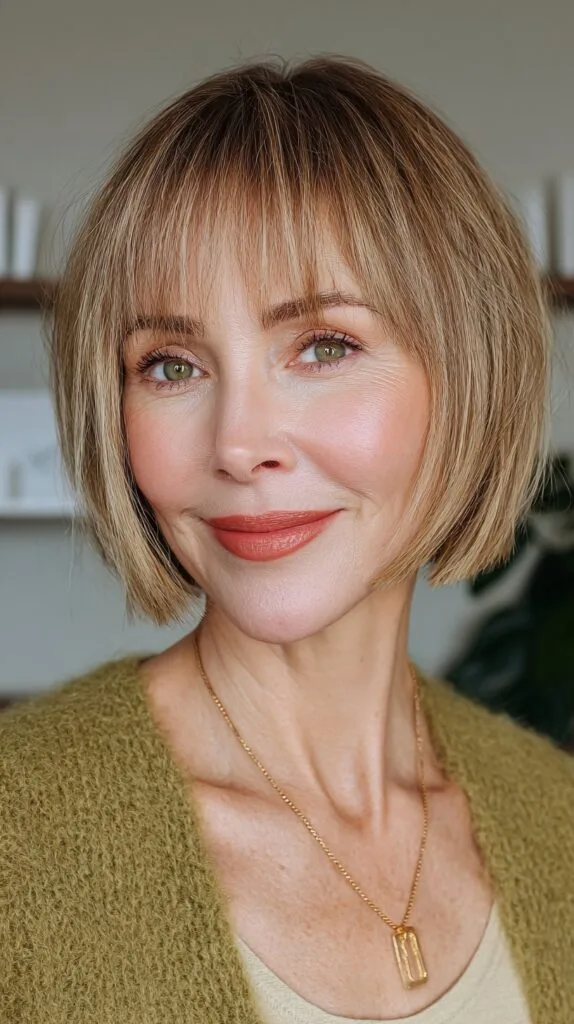Chic Caramel Bob with Feathered Bangs