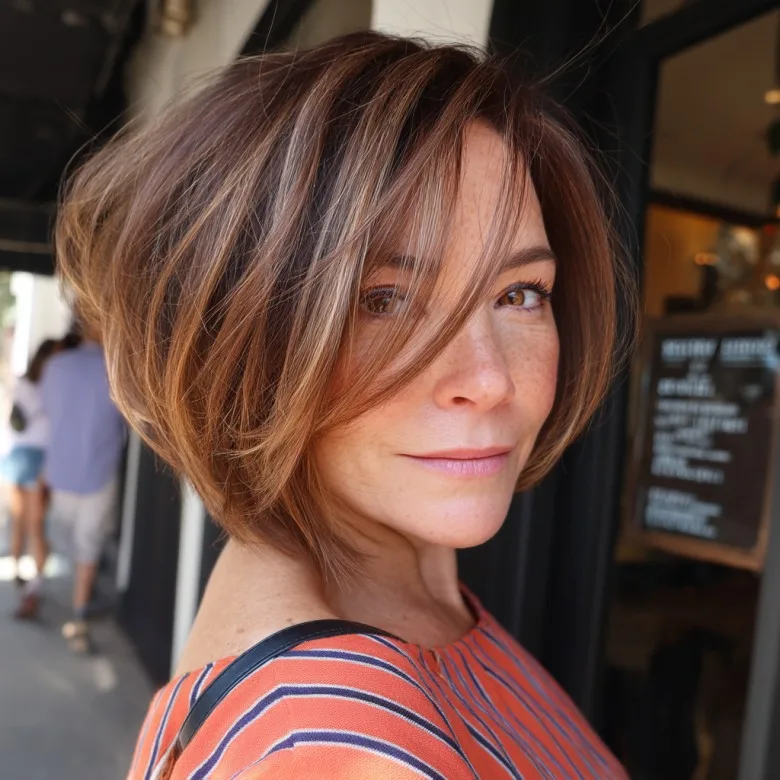 Chic Caramel-Toned Short Stacked Bob with Subtle Layers