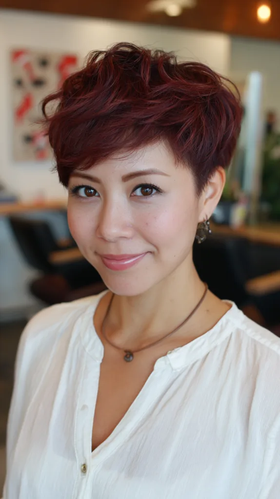 Chic Cherry Mocha Textured Pixie with Soft Volume