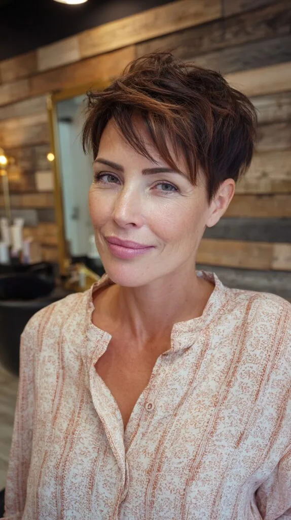 Chic Chestnut Spiky Textured Pixie for Mature Style