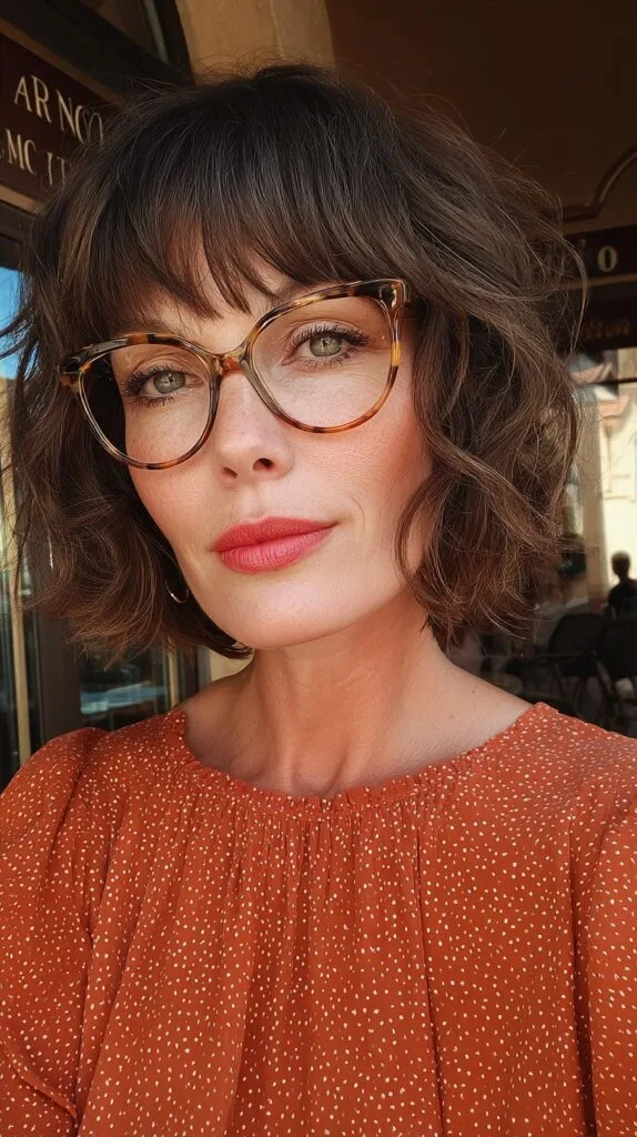 Chic Chestnut Waves with Soft Bangs