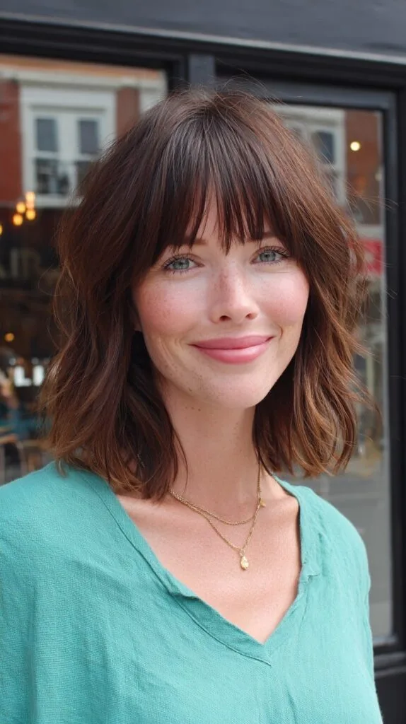 Chic Choppy Shoulder-Grazing Lob with Wispy Blunt Fringe and Root Depth