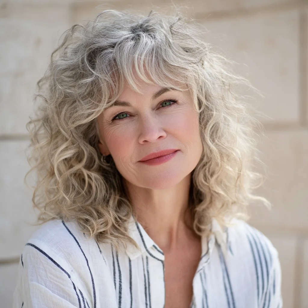 Chic Curly Layered Cut with Soft Baby Bangs
