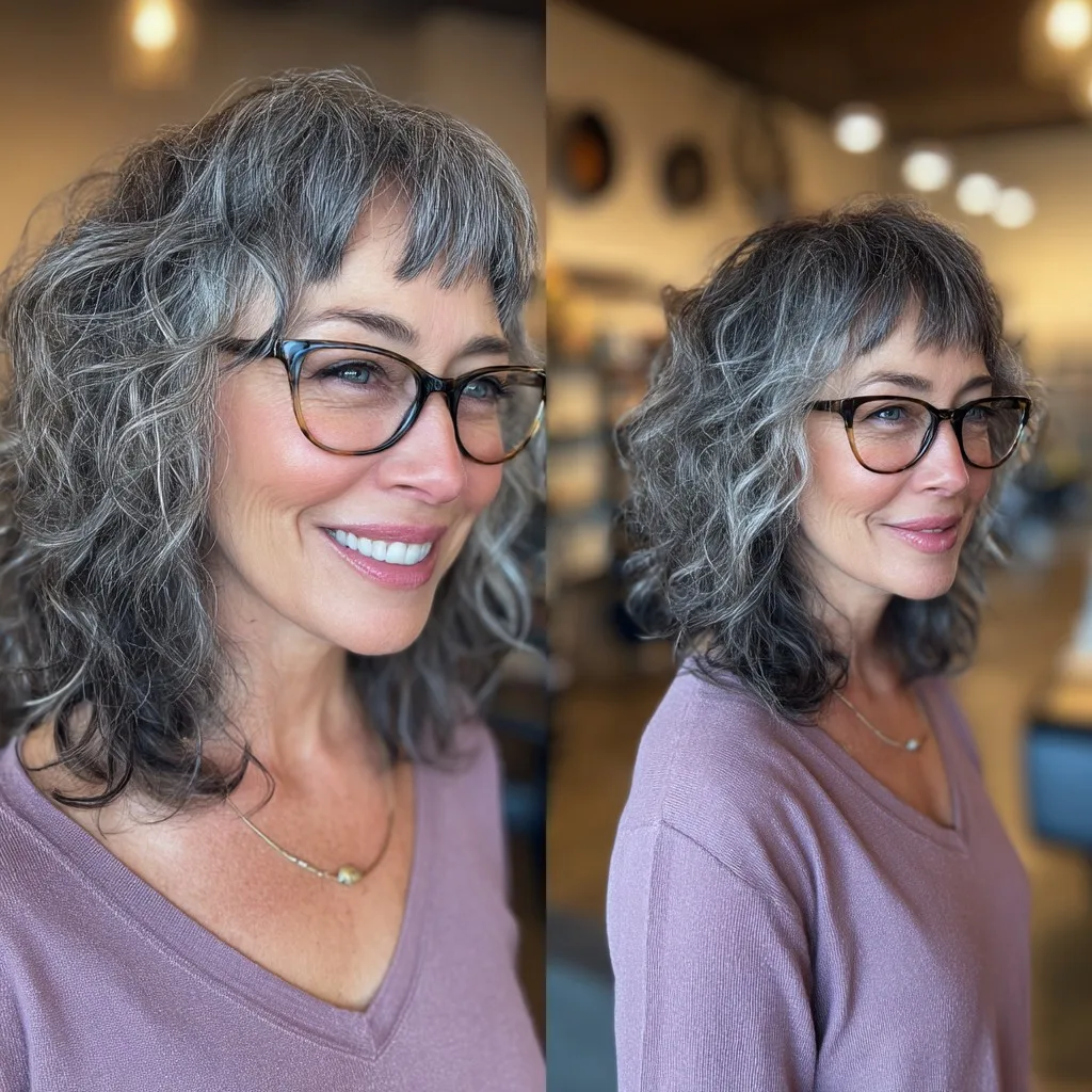 Chic Curly Lob with Playful Baby Bangs