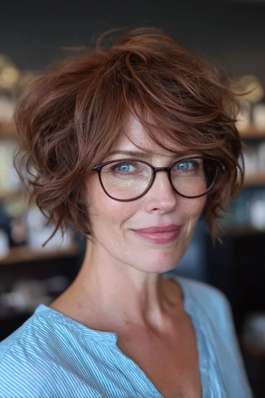 Chic Curly Shattered Bob with Soft Copper Tones