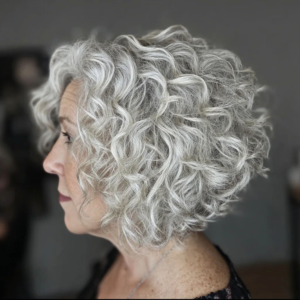 Chic Curly Silver Bob with Layers