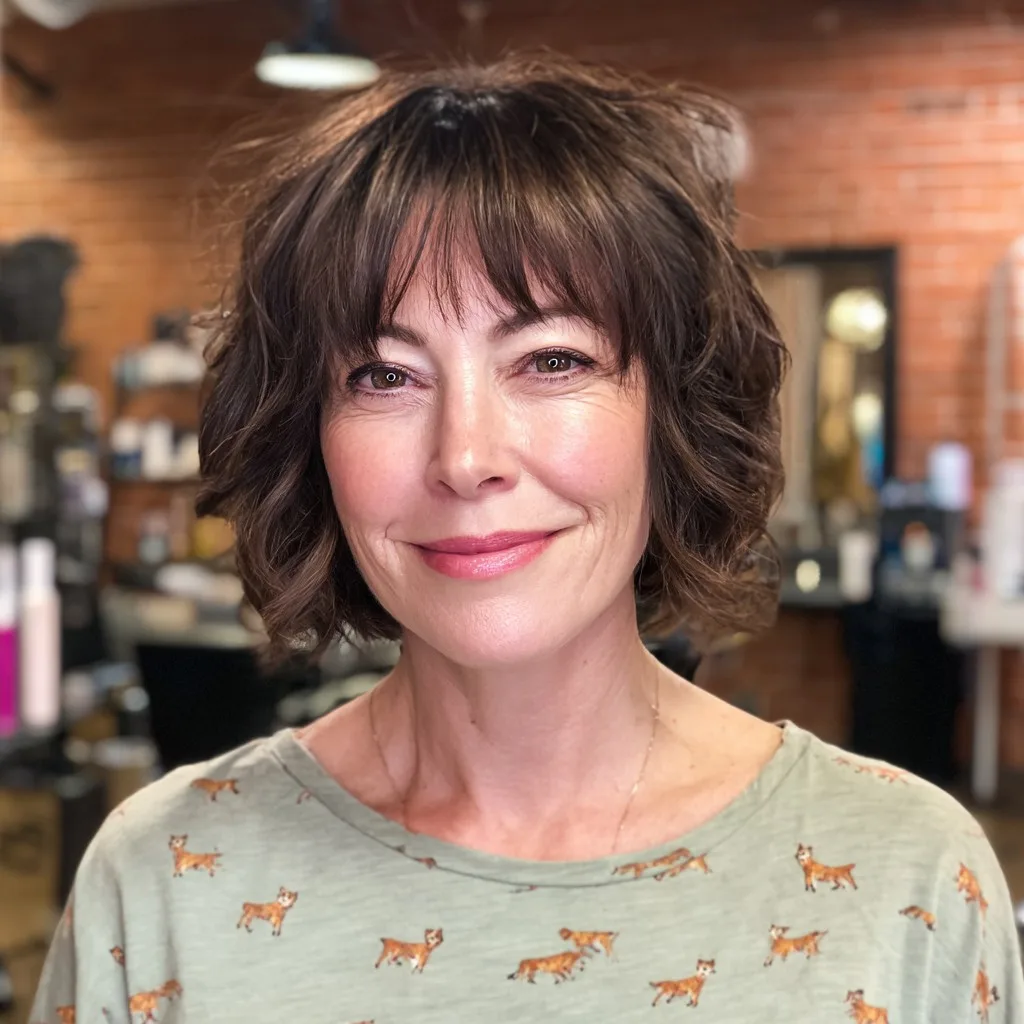 Chic Curly Textured Cut with Wispy Bangs