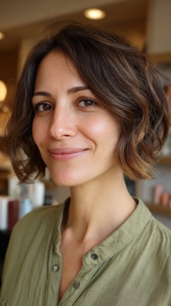Chic Espresso Tousled Bob with Subtle Waves