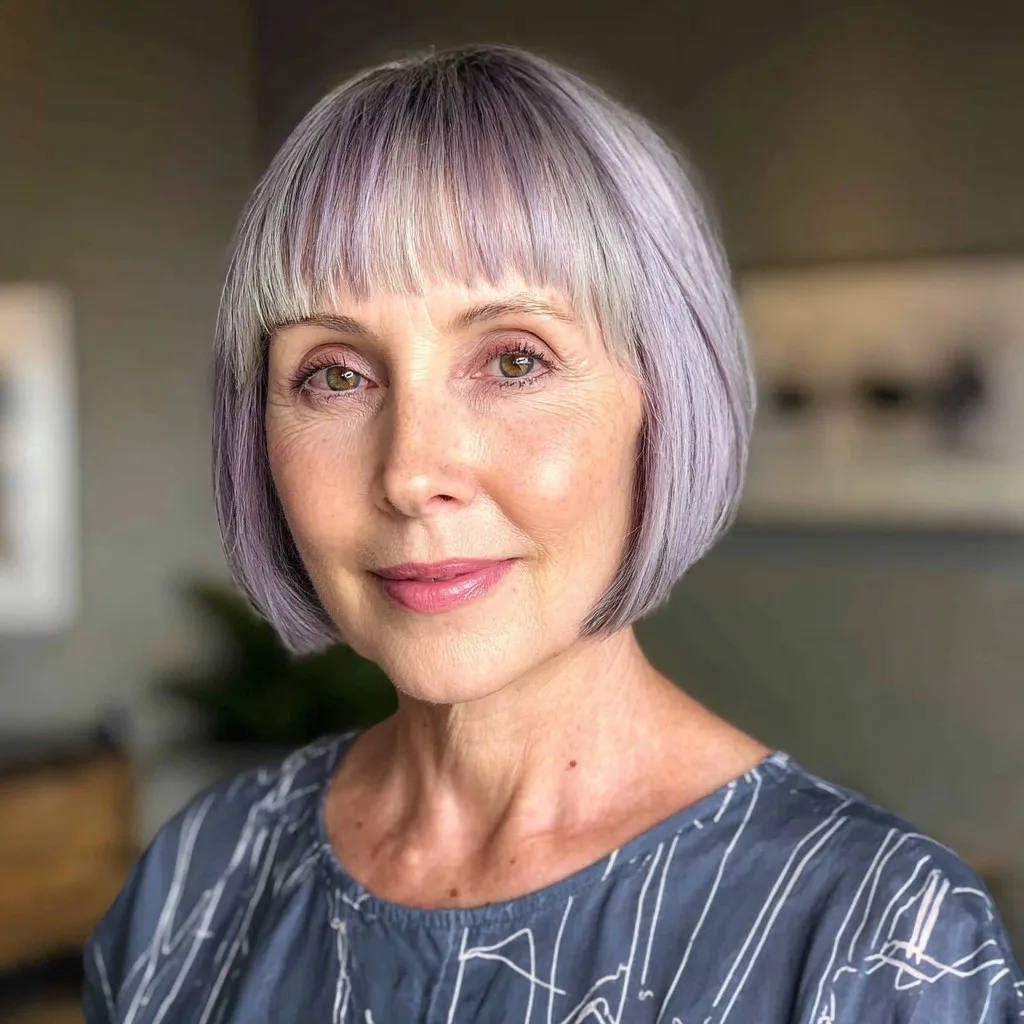 Chic Lavender Blunt Bob with Soft Baby Bangs