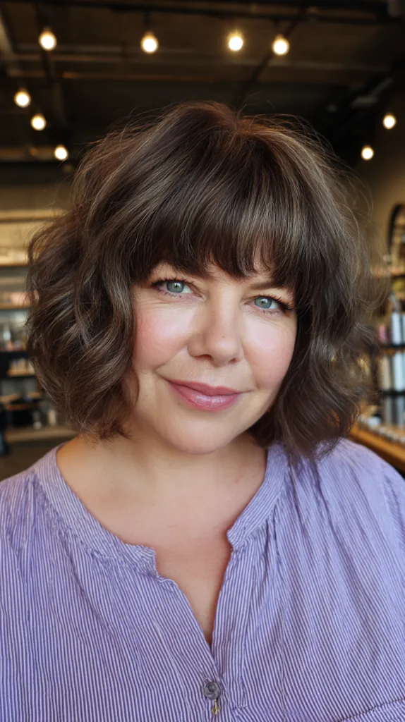 Chic Layered Curly Cut with Soft Bangs