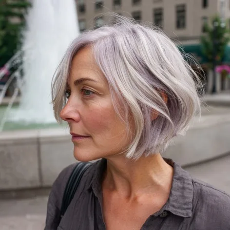 Chic Short Stacked Bob with Subtle Lavender Tones