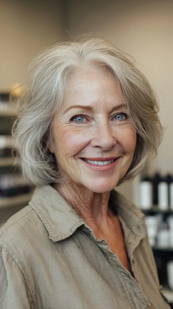 Chic Silver Chin-Length Layered Bob with Root Shadow