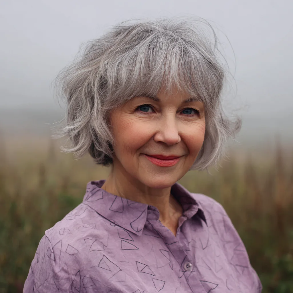 Chic Silver Shaggy Bob with Playful Bangs
