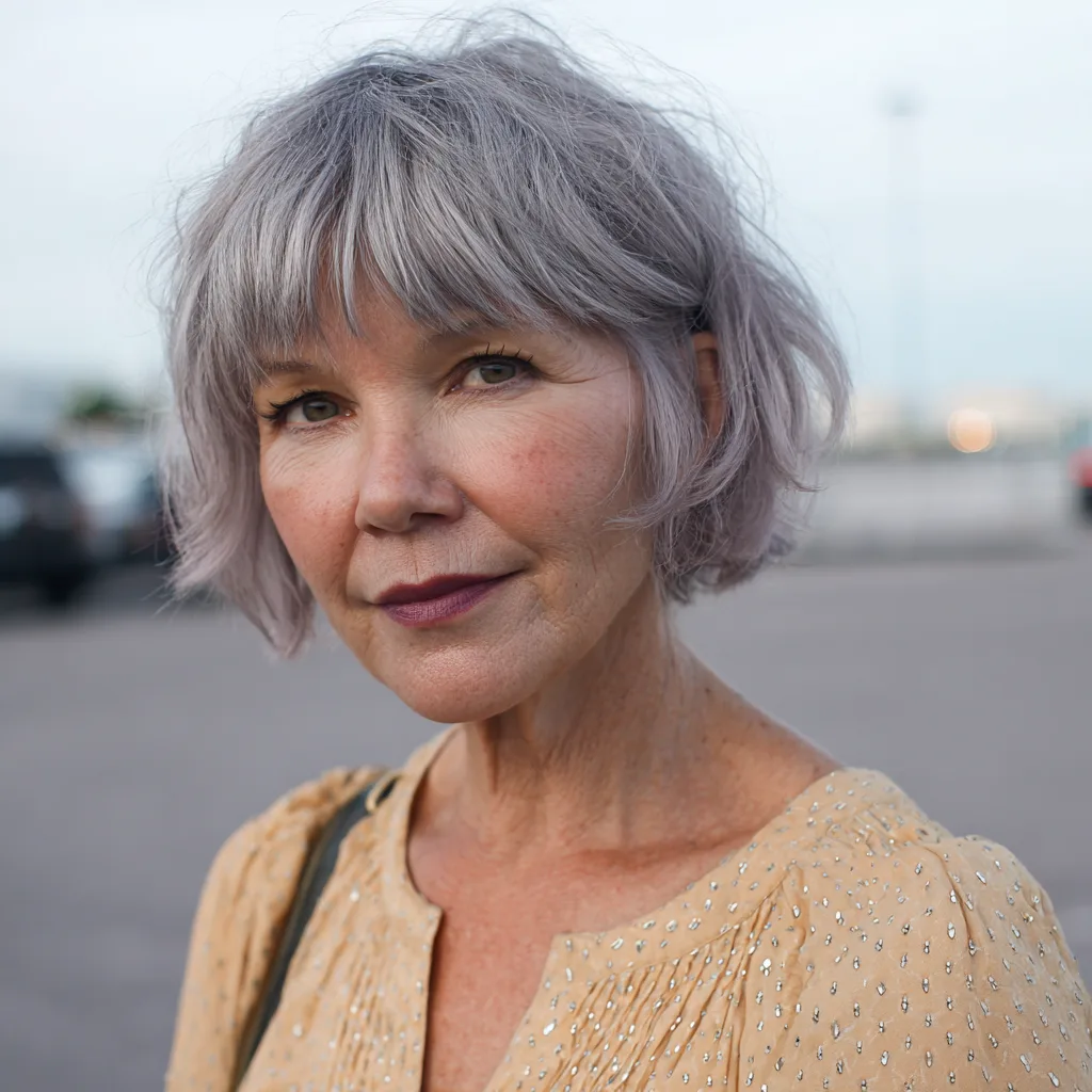 Chic Silver Shaggy Bob with Soft Bangs