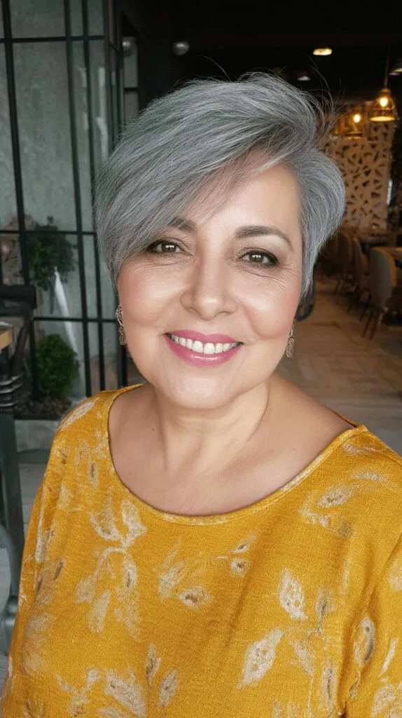 Chic Silver Side-Parted Pixie with Textured Layers
