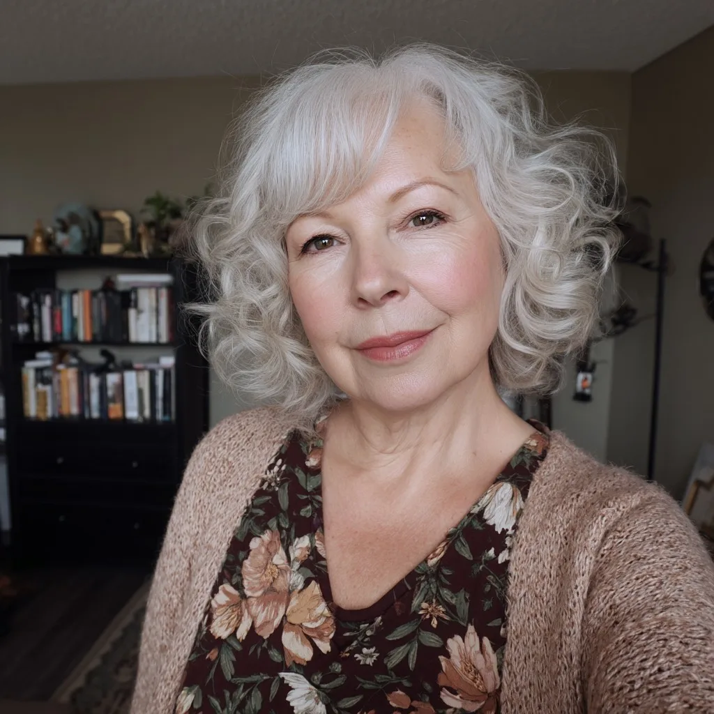 Chic Soft Curly Bob with Face-Framing Bangs
