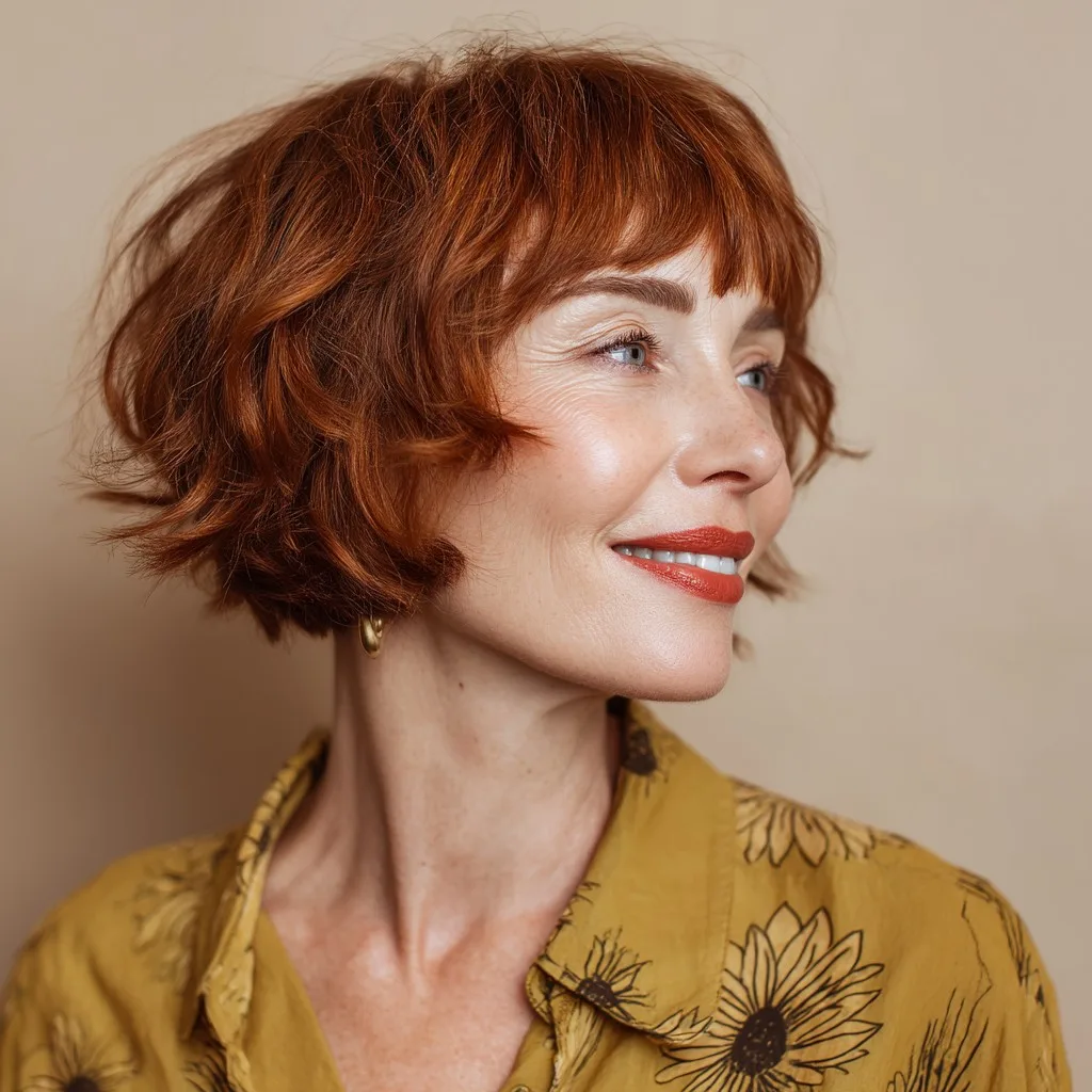 Chic Textured Auburn Bob with Effortless Baby Bangs
