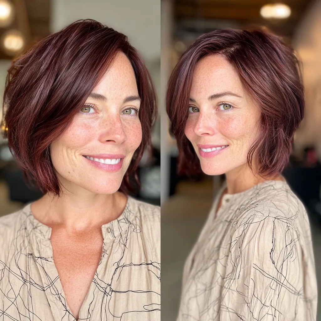 Chic Textured Burgundy Bob with Subtle Waves