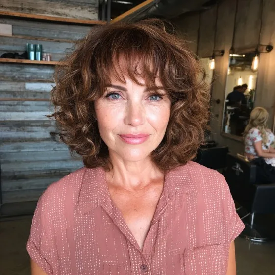 Chic Textured Curly Bob with Soft Bangs
