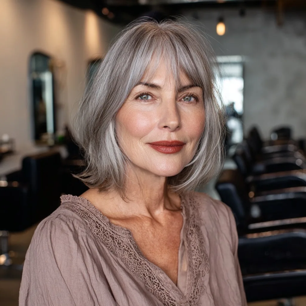 Chic Textured Grey Bob with Soft Bangs