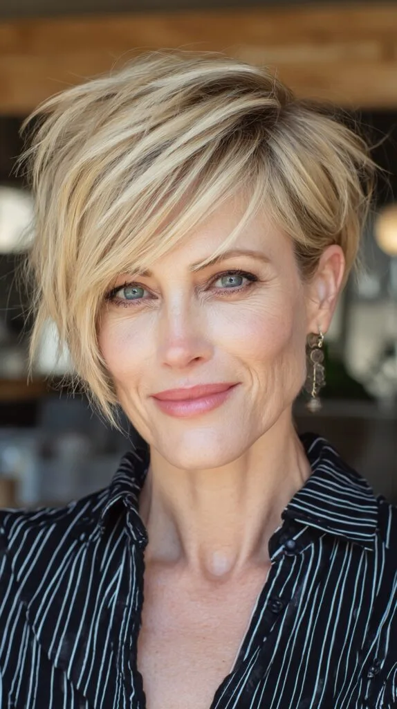 Chic Textured Long Pixie with Lifted Razored Crown and Side Fringe