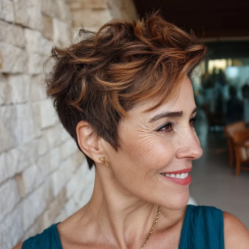 Chic Textured Quiff Pixie Cut with Warm Highlights