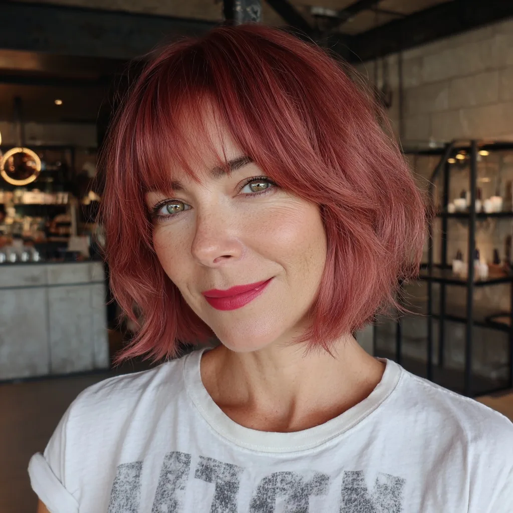Chic Textured Red Bob with Soft Fringe