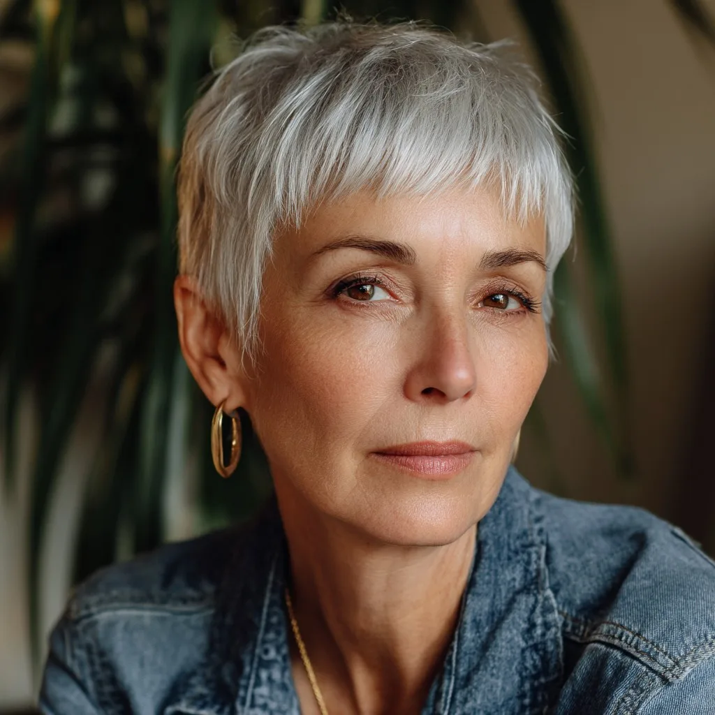 Chic Textured Silver Pixie Cut with Soft Bangs