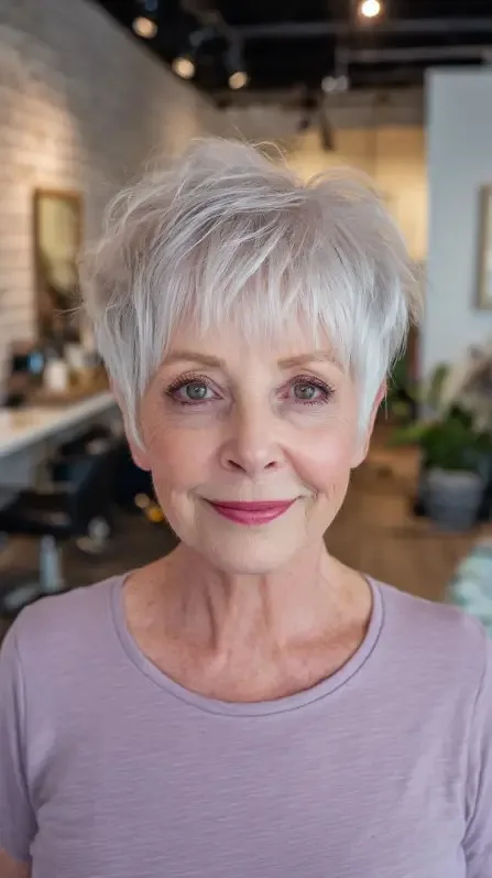 Chic Textured Silver Pixie with Soft Layers
