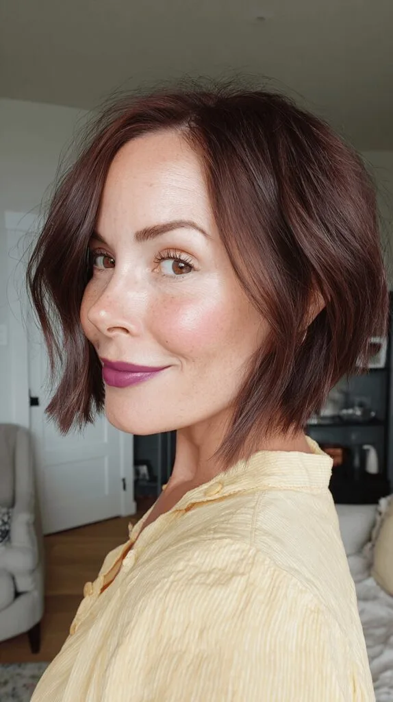 Chic Textured Slope Bob with Rich Mahogany Tones