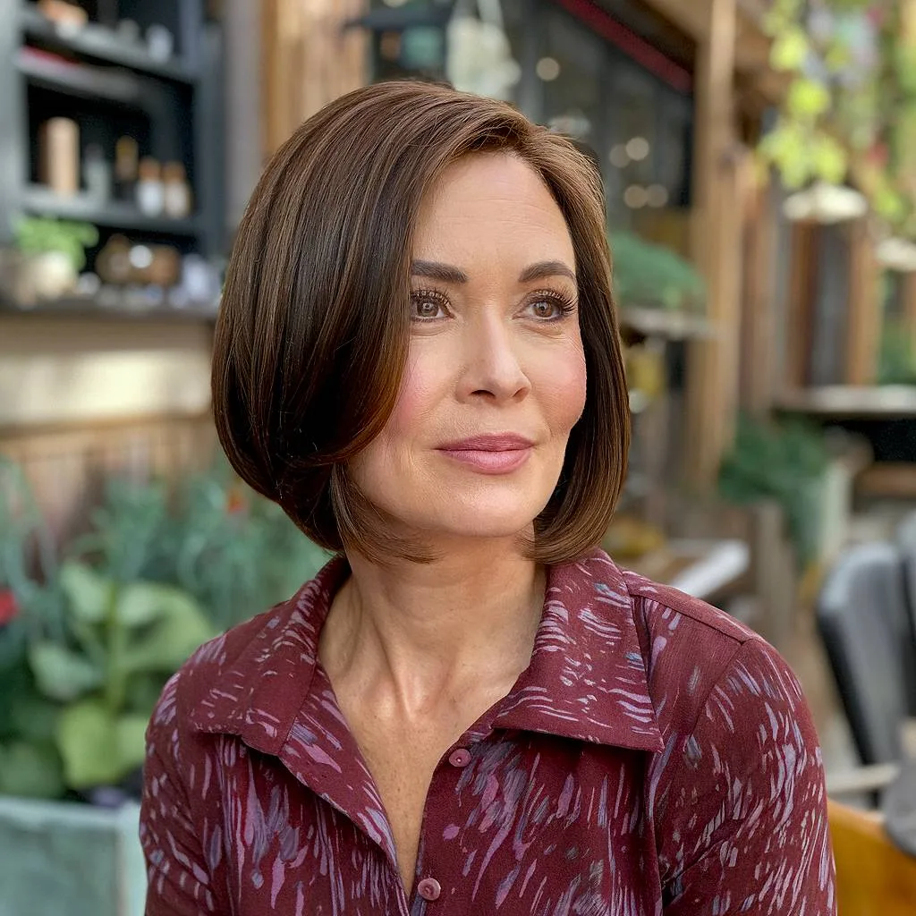 Chin length bob with face-framing layers for fine hair over 40 in rich brunette tones