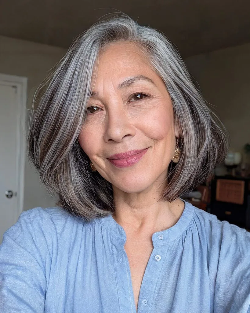 Chin-length gray bob with ash brown lowlights for a cool-toned finish