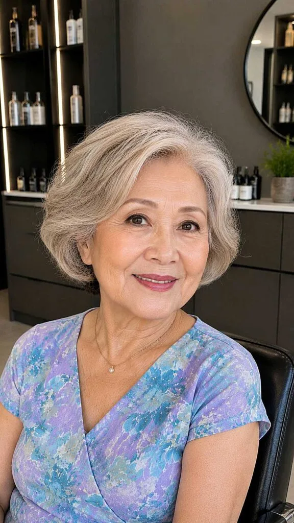 Chin-length silver blonde bob with side wave